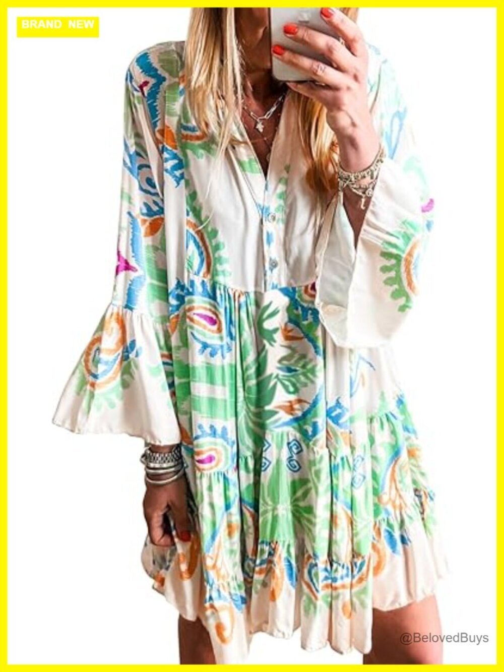 Women's Boho V-Neck Buttoned 3/4 Sleeve Tribal Print Flowy Mini Dress